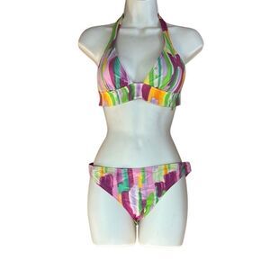 Victoria’s Secret Halter Top Purple Yellow Green Swimsuit Bikini Set